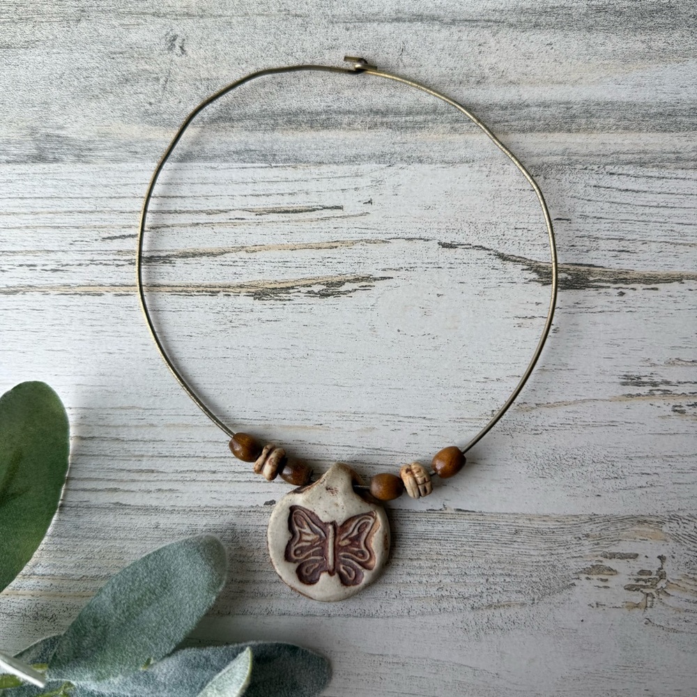 Vintage Handmade Wire Collar Choker Necklace with Clay Butterfly Pendant